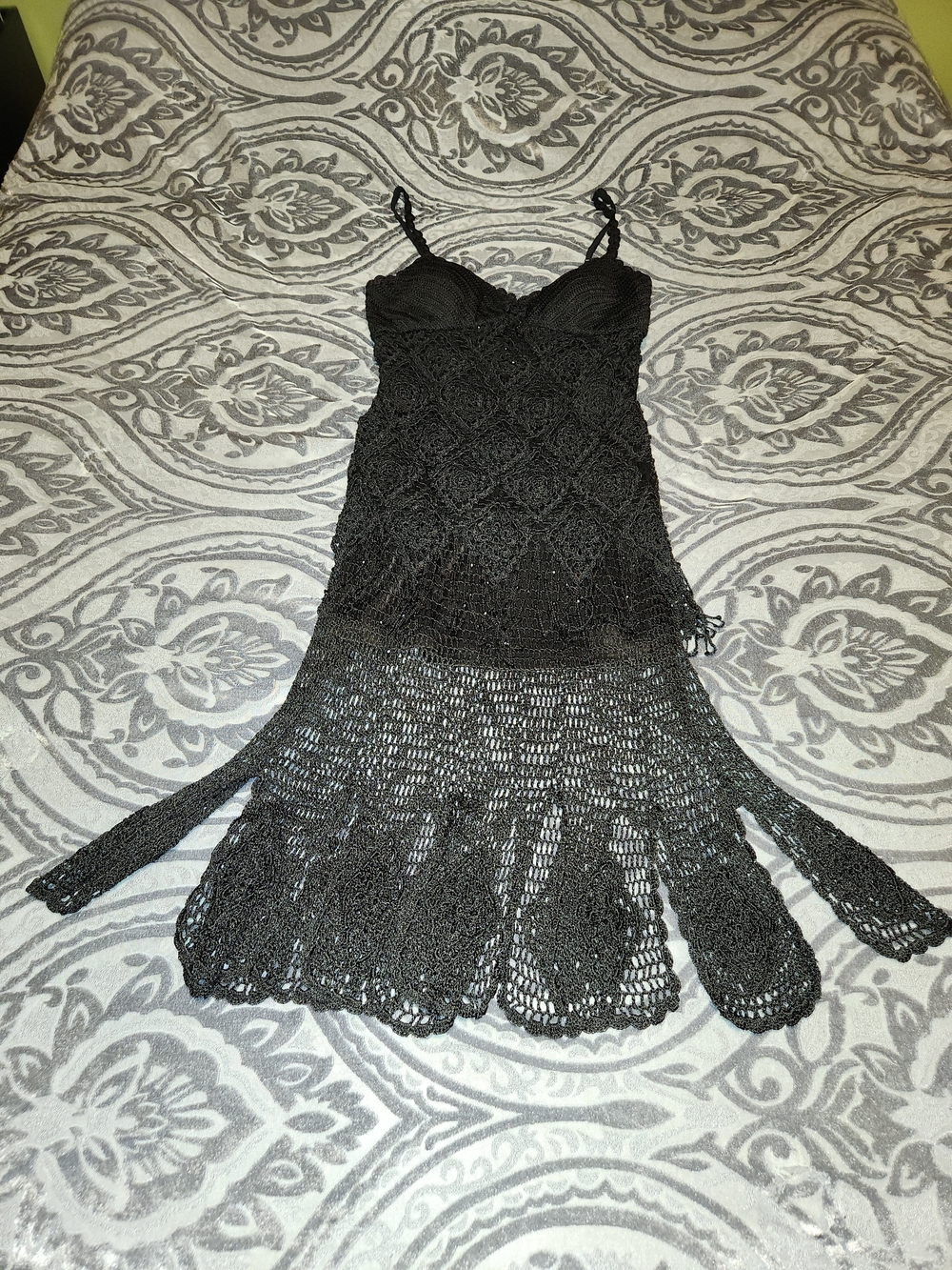 Sue Wong Black Crochet Spaghetti-Strap  Dress